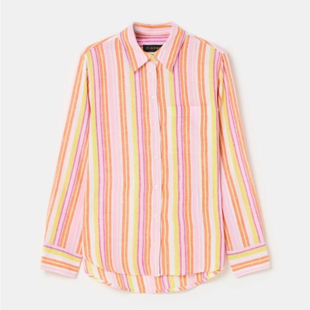 Piombo Multicolor Linen Blend Striped Long Sleeve Button Down Top